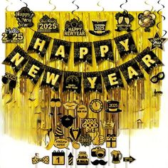 a happy new year card with the words happy new year hanging from it's strings