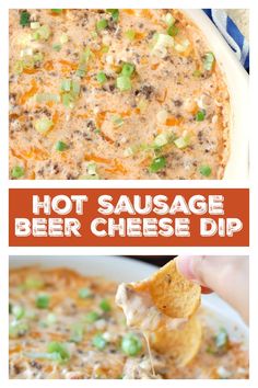 hot sausage beer cheese dip in a white bowl