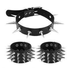 PRICES MAY VARY. ★Premium Material★Our craft leather is made with PU faux leather fabric,good texture,soft and comfortable,breathable and long-lasting. ★Spiked Design★Collar--Spikes and Studs Made of Zinc Alloy, Screws Made of Iron. Each Spike is Smooth with a Fine Finish,and with no Casting Lines,Fine Workmanship.Cuffs--Made of high strength ABS plastic material which are light weight,sturdy ★Adjustable Size ★Choker with Buckle---16.5"x0.78";Fit for neck (11.5"-15");Spiked Bracelets---8.7"x1.86 Punk Rock Jewelry, Leather Choker Collars, Gothic Bracelet, Spike Bracelet, Oc Stuff, Leather Rivets, Rock Outfits