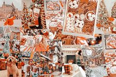 a collage of orange and white christmas decorations with a dog sitting on the floor