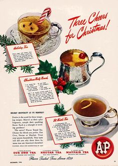 an old christmas ad with tea and cookies