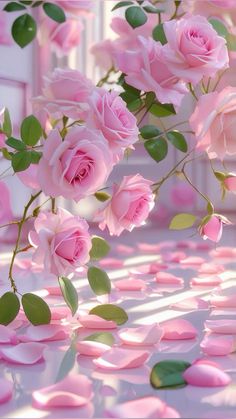 pink roses are floating in the air with petals scattered around them