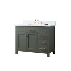 a bathroom vanity with two sinks and gold faucets on the top, against a white background