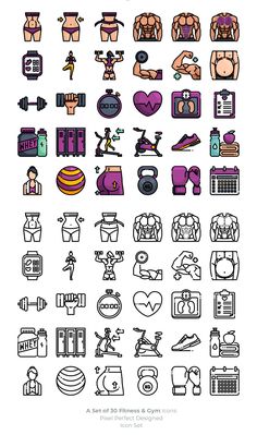 a large set of different colored and black icons