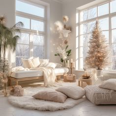 a living room filled with lots of white furniture and christmas trees in the window sill