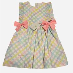 Perfect Dress For Easter! Size 5 Side Bows With Button Back Closure Preppy Pink Dress For Spring, Preppy Pink Spring Dress, Spring Dresses With Buttons For Playdate, Spring Playdate Dresses With Buttons, Preppy Buttoned Dresses For Spring, Multicolor Playtime Dress For Easter, Preppy Pink Summer Dress, Multicolor Easter Playtime Dress, Multicolor Cotton Dress For Easter