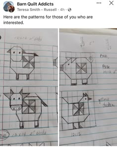 two drawings of farm animals are shown on lined paper, and one is drawn with graph paper