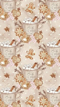 a christmas themed wallpaper with gingerbreads, cookies and mugs on it