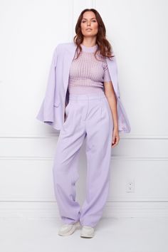 Relaxed and effortless tailored chic Brynn pleated pant in lavender. Makes for a stunning piece for spring/summer. Zipper closure. Side pockets. Relaxed fit. 92% Polyester 8% Spandex. Model is wearing a size S. Lavender Outfits For Women, Purple Color Pallet, Lavender Outfits, Tailored Chic, Lavender Outfit, Dress Pants Women, Pleated Pant, Pastel Lavender, Pastel Dress