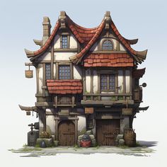 かわいい屋根の住宅 Fantasy House Concept, Rural Japan, Background Game, House Design Drawing, Medieval Theme, Medieval Buildings, Pagoda Lanterns