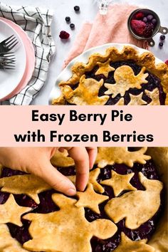 two photos of a four berry pie made with frozen berries topped with pie crust cut-outs Mixed Berry Pie Recipe With Frozen Berries, Blackberry Pie Filling From Frozen Berries, Blackberry Pie With Frozen Blackberries, Berry Pies Recipes, Frozen Fruit Pie Recipes, Berry Pie Recipe With Frozen Berries, Easy Berry Pie Recipes, Frozen Berry Pie Filling, Mixed Berry Pie Filling Recipe