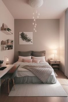 a bedroom with a bed, desk and shelves on the wall next to each other