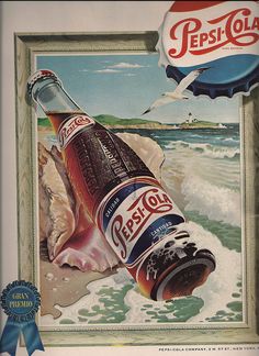 an advertisement for pepsi cola on the beach with a shell and seagull flying over it