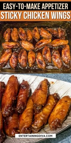 chicken wings are being cooked in an oven with the words easy to make appetizer sticky