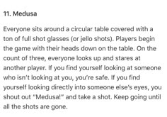 a text message with the caption'11 medusa everyone sits around a circular table covered with a ton of full glass or hello shots