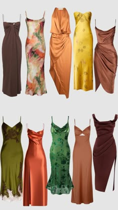 six different types of dresses in various colors