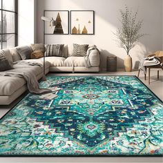 a living room with a large rug on the floor