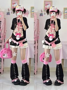 outfits inspo ( ꩜ ᯅ ꩜;)⁭⁭⊹ ࣪ ˖ Pink Emo Outfits, Emo Outfits Aesthetic, Cybergoth Outfits, Kuromi Outfit, Cybergoth Fashion, Sanrio Clothes, Japanese Fashion Harajuku, Harajuku Outfits, Older Sister