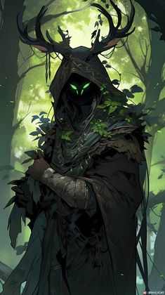 an illustration of a demon in the woods with green eyes and horns on his head