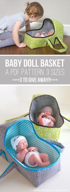 two baby doll baskets with babies in them, one is laying down and the other is lying