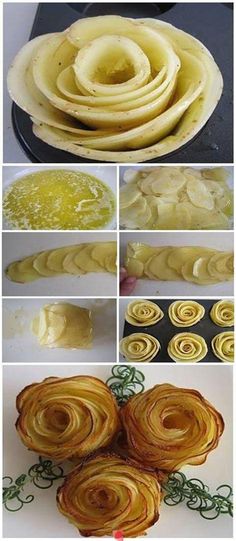 the instructions for how to make potato roses with butter and olive oil, are shown in this