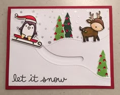 a christmas card with an animal and penguin on a sleigh