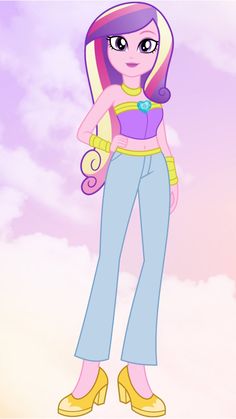 a cartoon girl with pink hair and blue jeans standing in front of a cloudy sky