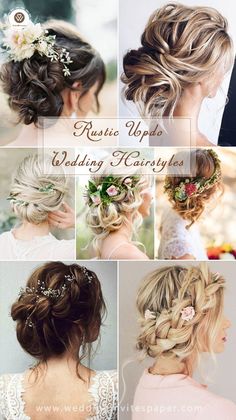 wedding hairstyles for the bride with flowers in their hair and braids on her head