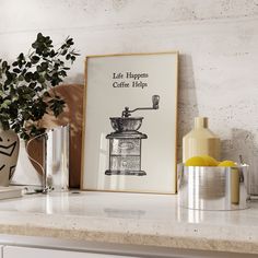 a kitchen counter with a coffee grinder and potted plant next to the stove