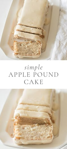 an image of some food on a plate with the words, simple apple pound cake