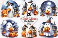 the cute ghost halloween clipart collection includes pumpkins, jack - o'- lanterns and ghost faces