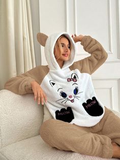 Cartoon Embroidered 3D Ear Design Hooded Flannel PJ Set Khaki Cute  Long Sleeve Fabric Cartoon Pant Sets Slight Stretch All Women Sleep & Lounge, size features are:Bust: ,Length: ,Sleeve Length: Pijama Shein, Grey Colour Suit, Hooded Flannel, Cartoon Embroidery, Pant Sets, Cosplay Dress, Unique Crochet, Outdoor Wear, Kids Sleepwear