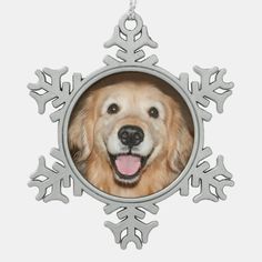 a golden retriever dog in a snowflake ornament