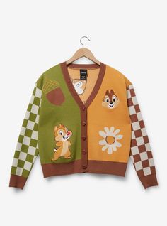 You'll be the cutest critter around in this cardigan! Cozy fabric features embroidered patches of Chip & Dale  backed by checkered sleeves and knit designs. With acorn-shaped buttons  this cropped outerwear is perfect for a day in the woods.A BoxLunch Exclusive!50% recycled polyester; 28% polyester; 22% viscoseListed in women's sizes; unisex silhouetteWash cold with like colors; dry lowImported Stitch Halloween Costume, Disney Chip, Crop Cardigan, Chip And Dale, Disney Sweatshirts, Big And Tall Outfits, French Terry Fabric, Chipmunks, Disney Style