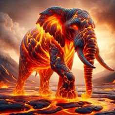 an elephant standing in the middle of a fire filled field with mountains and clouds behind it