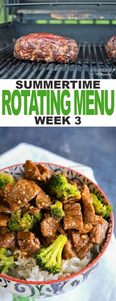 a bowl filled with meat and broccoli sitting on top of a table next to an open grill