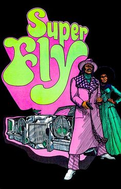 an image of two people standing in front of a car with the words super fly on it