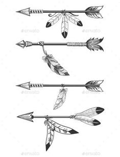 four arrows with feathers on them in black and white