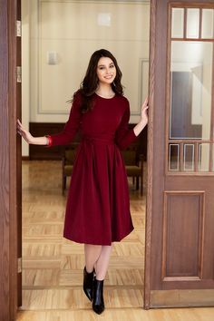 Dark Red Dress, Cocktail Dress, Plus Size Clothing Dark red dress with side pockets ➤ Features > Dress length: 99cm (38,97'') - 102cm (40,15'') > Long sleeves > Rounded neckline > Folds in skirt part > Zipper on the back ➤ Sizing My Size Guide in FAQ section below will help you define the perfect size match. The item can also be made according to your measurements - just message them to me. ➤ Delivery Your item is made-to-order and will be ready within 2-7 days. Average delivery t Red Dress Evening, Red Dress Cocktail, Long Sleeve Dress Plus Size, Cocktail Dress Long Sleeve, Cocktail Dress Plus Size, Cocktail Dress Plus, Dark Red Dress, Oversize Dress, Dark Red Dresses