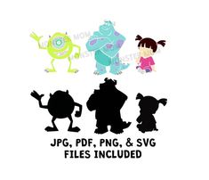 the silhouettes of three cartoon characters are shown in black, white and green colors