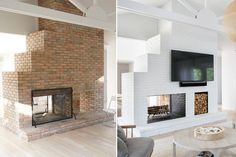 two different views of a living room with brick fireplaces and tv on the wall