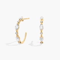 Show off your style with these unique J-shaped diamond hoop earrings. Featuring both round and marquise diamonds set in 14k gold, these hoops are crafted to last. Platinum Rose Gold, Gold Rings Fashion, Gold Pearl Necklace, Birthday Board, Ladies Diamond Rings, Diamond Hoop Earrings, Rose Gold Jewelry, Unique Gemstones, Diamond Fashion