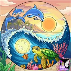 two dolphins and a turtle are swimming in the ocean with waves, corals and stars