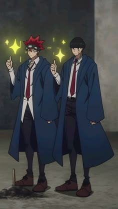 two anime characters standing next to each other with one pointing at the stars above them