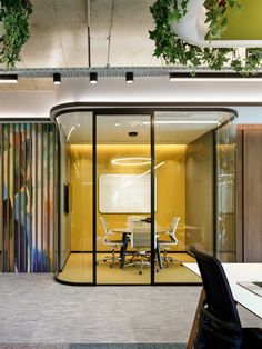 an office with glass walls and plants hanging from the ceiling, along with two chairs