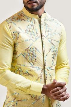 Shop for Smriti by Anju Agarwal Yellow Bam Silk Embellished Nehru Jacket for Men Online at Aza Fashions Nehru Jacket For Men, Yellow Mirror, Sleeveless Kurta, Contrast Embroidery, Yellow Mirrors, White Pant, Kurta Cotton, Gents Kurta, Silk Pant