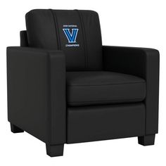 a black chair with the university of west virginia on it's armrests