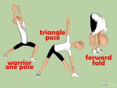 three people doing different yoga poses with the words triangle pose, warrior one pole, and forward