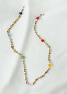 Long Rainbow Bead Necklace (and Lanyard) Necklaces ISLYNYC Multicolor Glass Necklace With Chain, Gold Single Strand Long Crystal Necklace, Multicolor Glass Chain Necklace, Gold Long Crystal Necklace With Single Strand, Gold Long Necklace With Single Strand, Gold Lariat Beaded Necklace With Colorful Beads, Gold Glass Jewelry With Beaded Chain, Long Glass Necklace With Adjustable Chain, Gold Beaded Glasses Chains