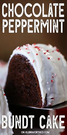 chocolate peppermint bundt cake with white frosting and sprinkles